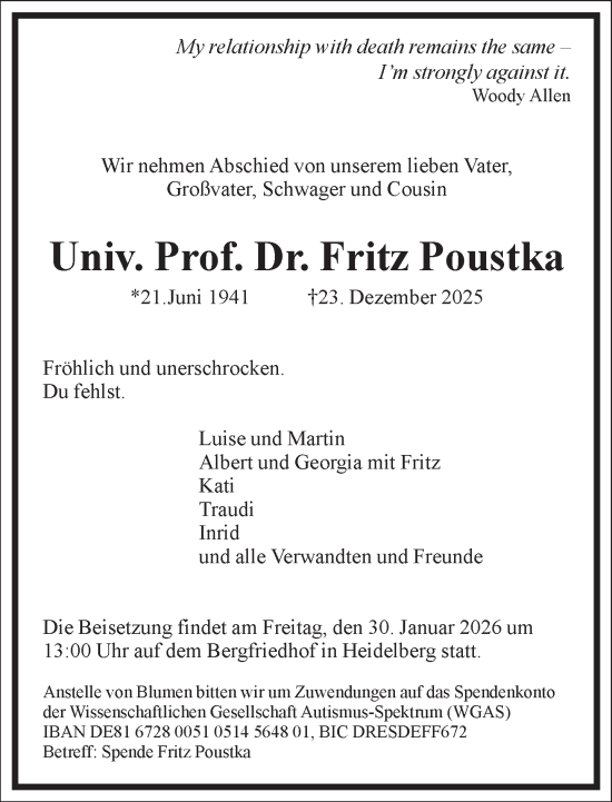 Traueranzeige von Fritz Poustka von Frankfurter Allgemeine Zeitung