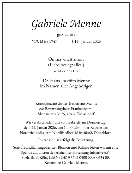 Traueranzeige von Gabriele Menne von Frankfurter Allgemeine Zeitung