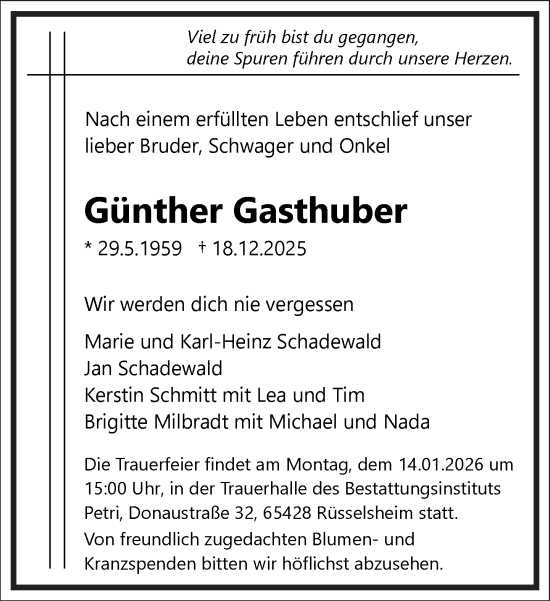 Traueranzeige von Günther Gasthuber von Frankfurter Allgemeine Zeitung