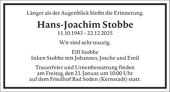 Traueranzeige von Hans-Joachim Stobbe von Frankfurter Allgemeine Zeitung