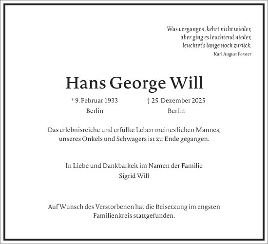 Traueranzeige von Hans George Will von Frankfurter Allgemeine Zeitung