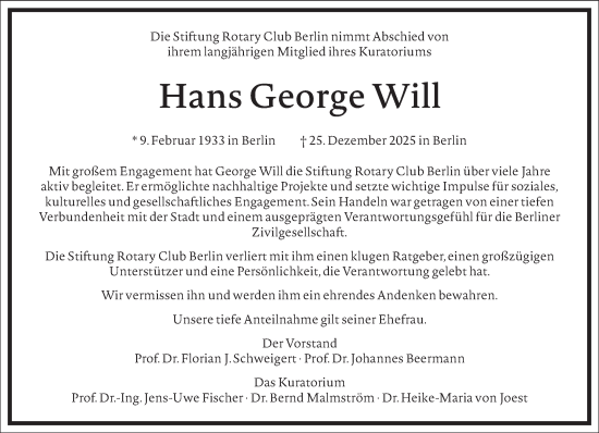 Traueranzeige von Hans George Will von Frankfurter Allgemeine Zeitung