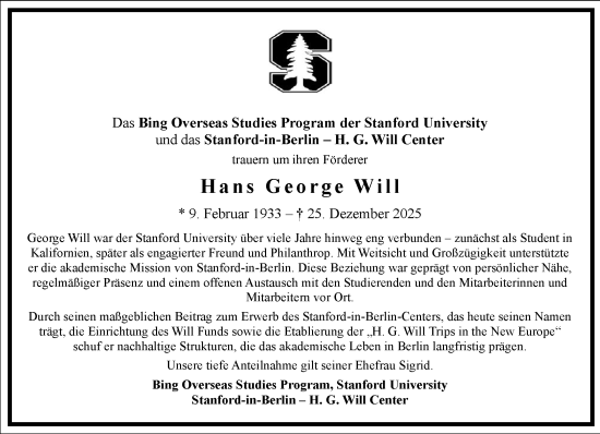 Traueranzeige von Hans George Will von Frankfurter Allgemeine Zeitung