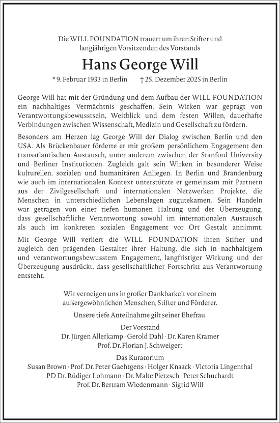 Traueranzeige von Hans George Will von Frankfurter Allgemeine Zeitung