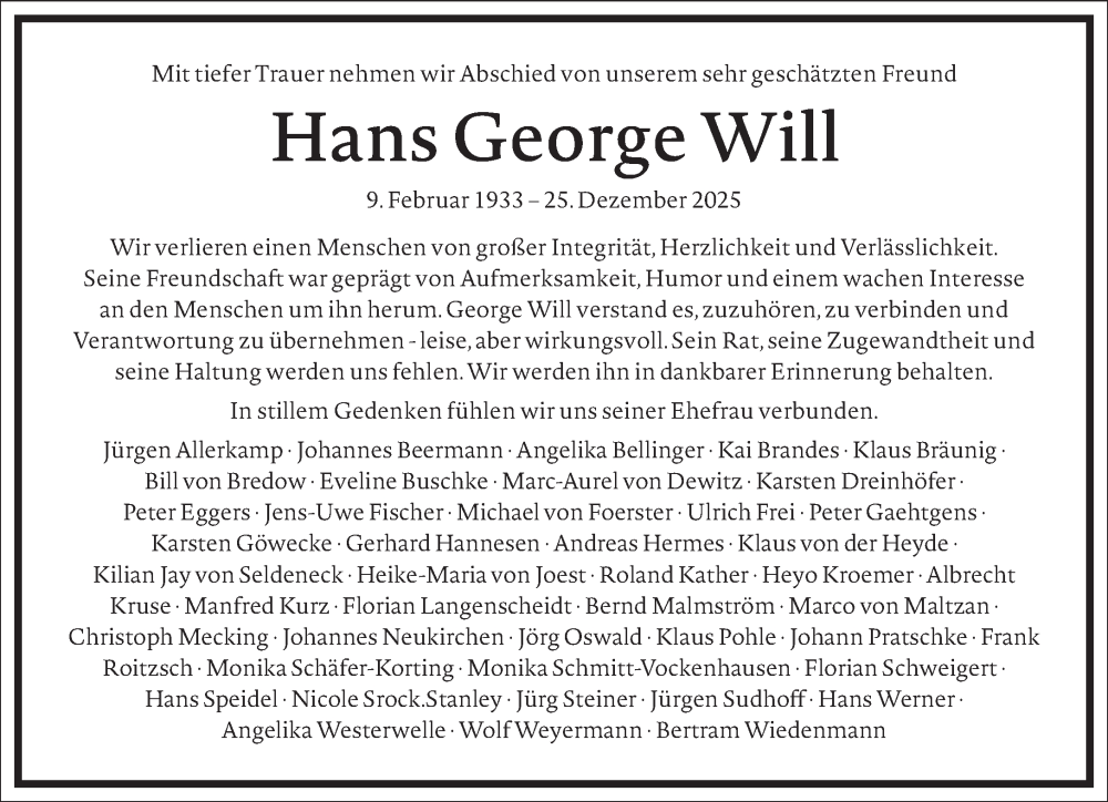  Traueranzeige für Hans George Will vom 31.01.2026 aus Frankfurter Allgemeine Zeitung
