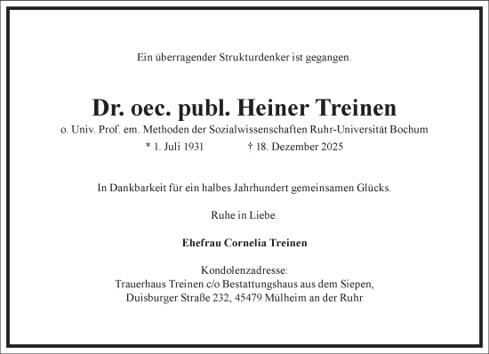 Traueranzeige von Heiner Treinen von Frankfurter Allgemeine Zeitung