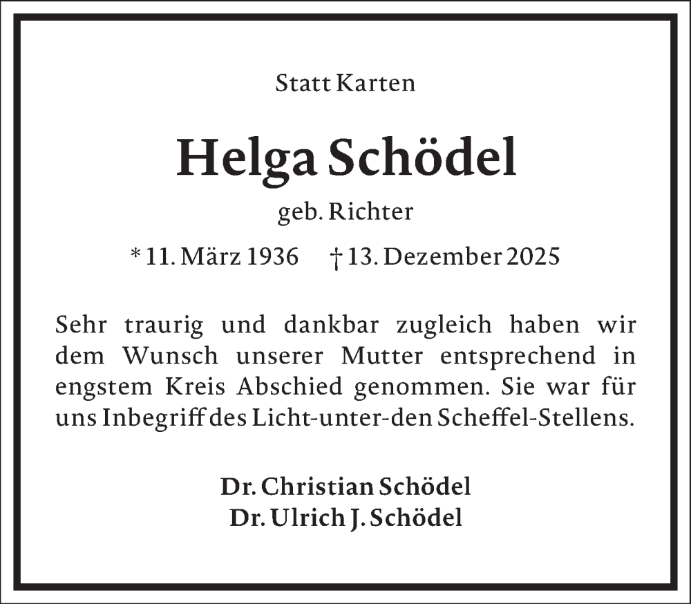  Traueranzeige für Helga Schödel vom 17.01.2026 aus Frankfurter Allgemeine Zeitung