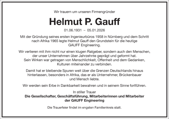 Traueranzeige von Helmut P. Gauff von Frankfurter Allgemeine Zeitung