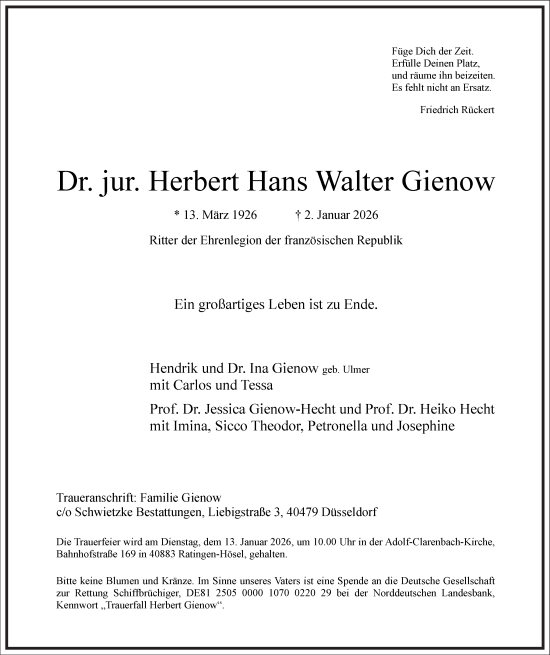 Traueranzeige von Herbert Hans Walter Gienow von Frankfurter Allgemeine Zeitung