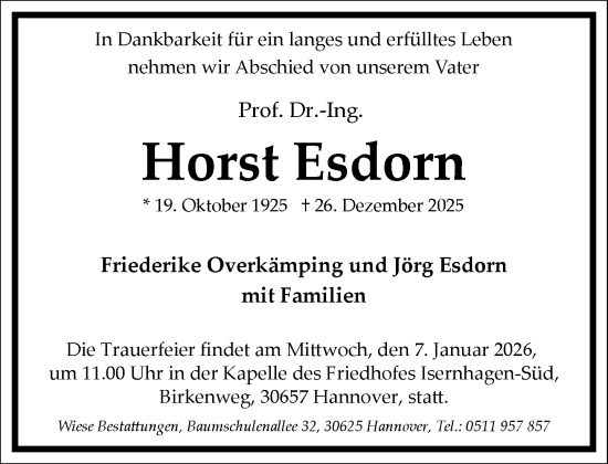 Traueranzeige von Horst Esdorn von Frankfurter Allgemeine Zeitung
