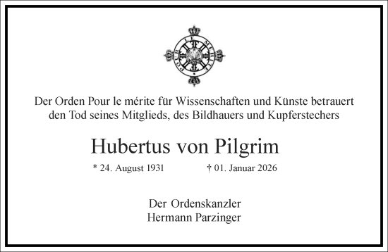 Traueranzeige von Hubertus von Pilgrim von Frankfurter Allgemeine Zeitung