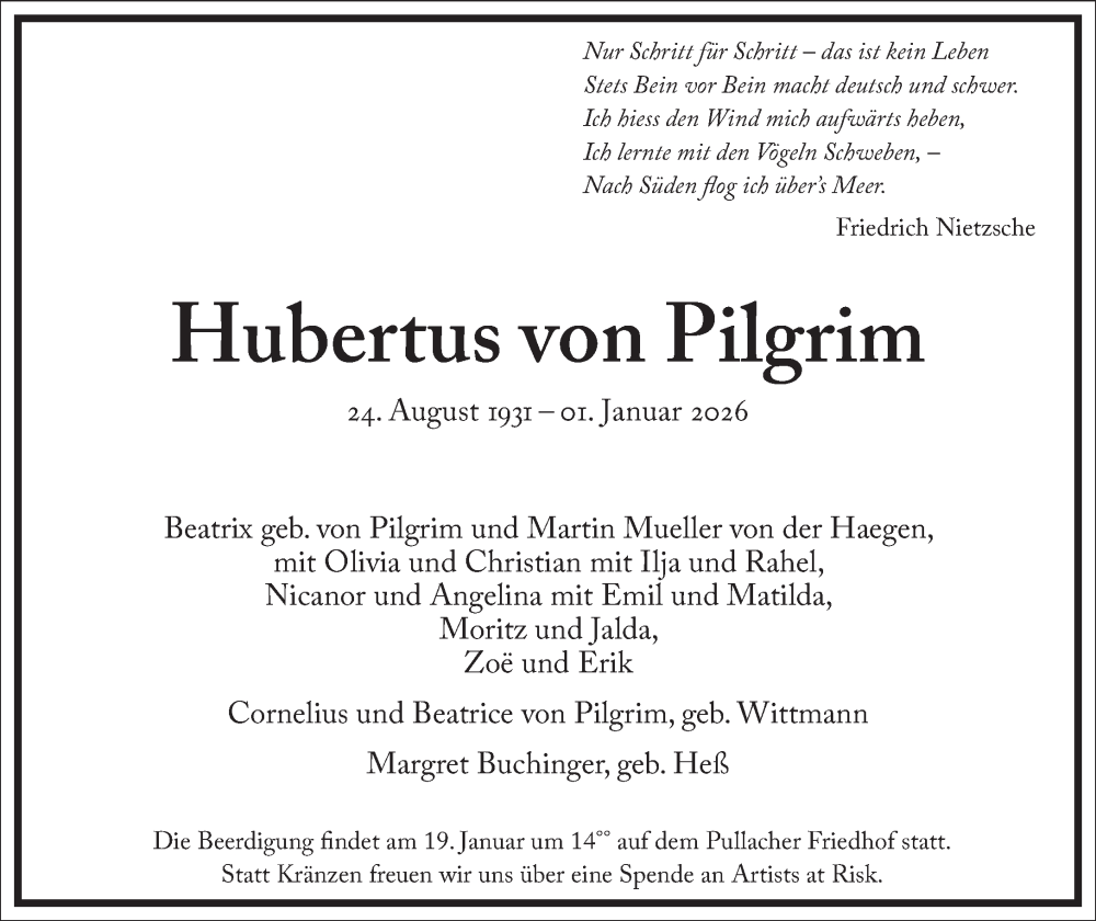  Traueranzeige für Hubertus von Pilgrim vom 10.01.2026 aus Frankfurter Allgemeine Zeitung