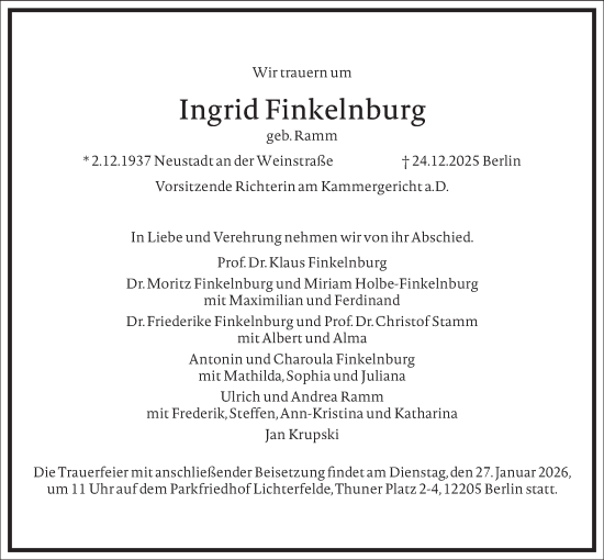Traueranzeige von Ingrid Finkelnburg von Frankfurter Allgemeine Zeitung