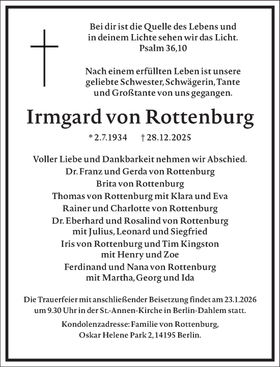Traueranzeige von Irmgard von Rottenburg von Frankfurter Allgemeine Zeitung