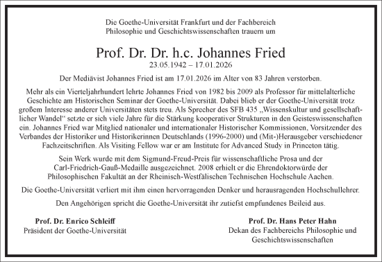 Traueranzeige von Johannes Fried von Frankfurter Allgemeine Zeitung
