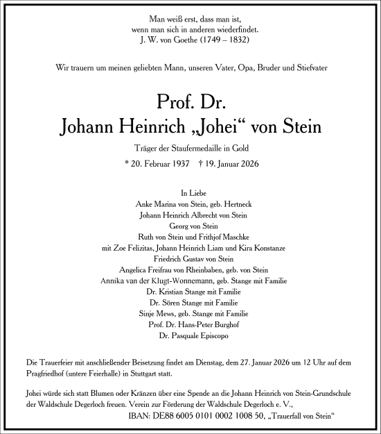 Traueranzeige von Johann Heinrich von Stein von Frankfurter Allgemeine Zeitung