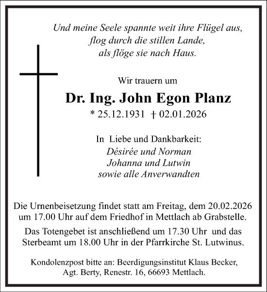 Traueranzeige von John Egon Planz von Frankfurter Allgemeine Zeitung
