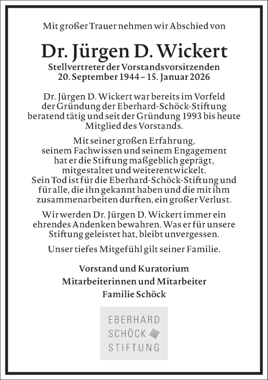 Traueranzeige von Jürgen D. Wickert von Frankfurter Allgemeine Zeitung