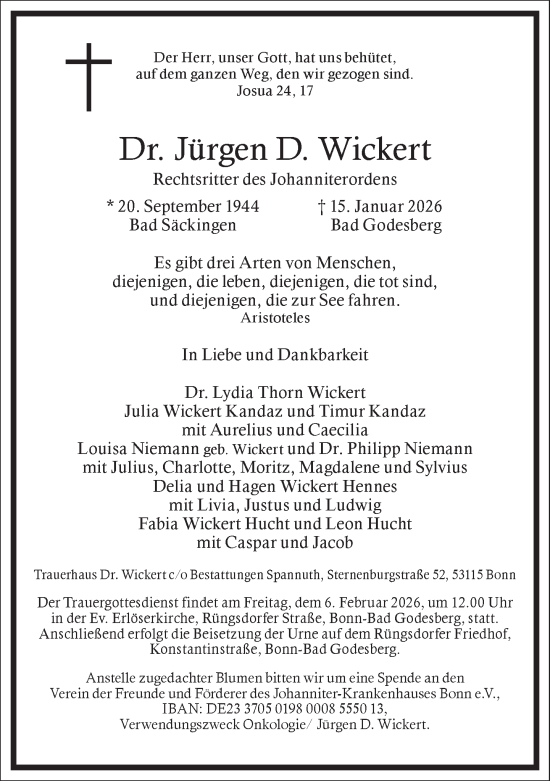 Traueranzeige von Jürgen D. Wickert von Frankfurter Allgemeine Zeitung