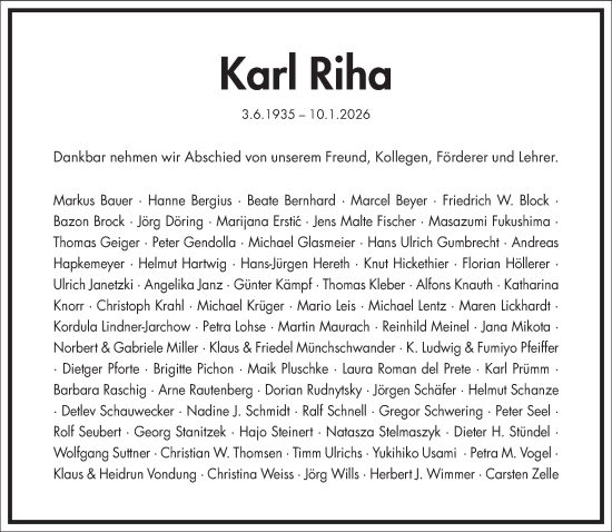 Traueranzeige von Karl Riha von Frankfurter Allgemeine Zeitung
