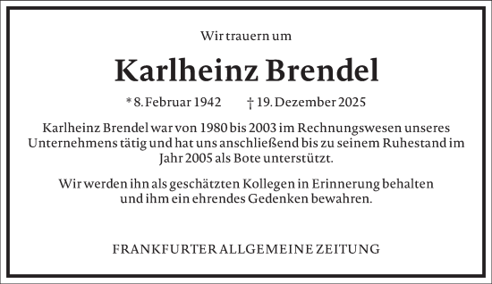Traueranzeige von Karlheinz Brendel von Frankfurter Allgemeine Zeitung