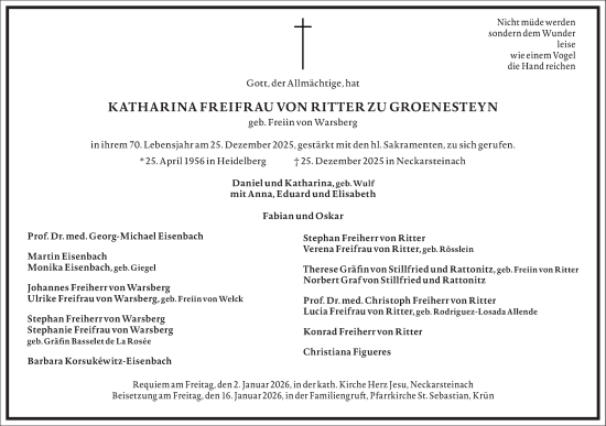 Traueranzeige von Katharina Freifrau von Ritter zu Groenesteyn von Frankfurter Allgemeine Zeitung