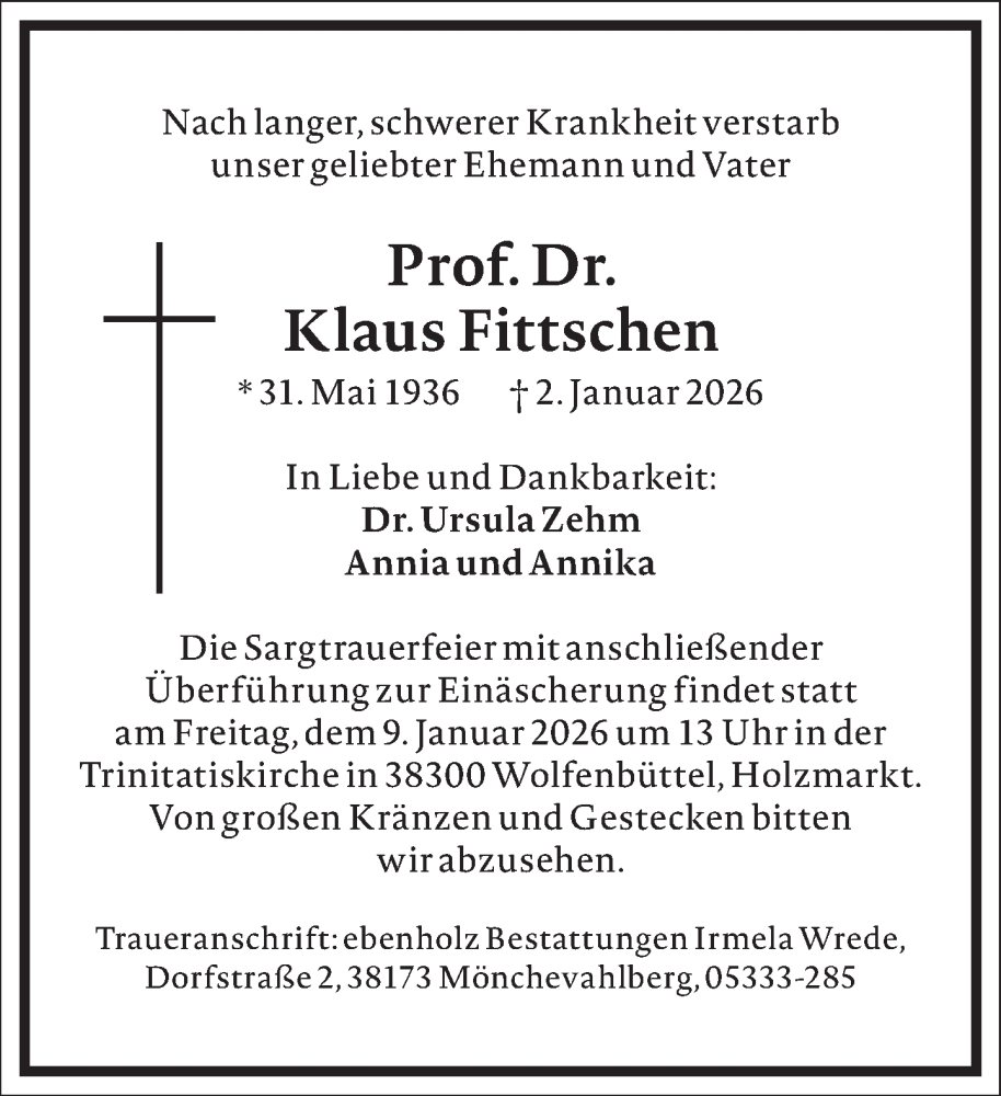  Traueranzeige für Klaus Fittschen vom 06.01.2026 aus Frankfurter Allgemeine Zeitung