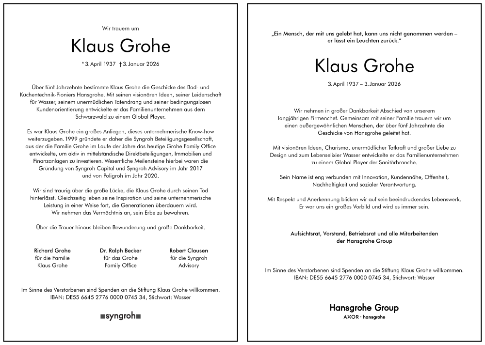  Traueranzeige für Klaus Grohe vom 10.01.2026 aus Frankfurter Allgemeine Zeitung
