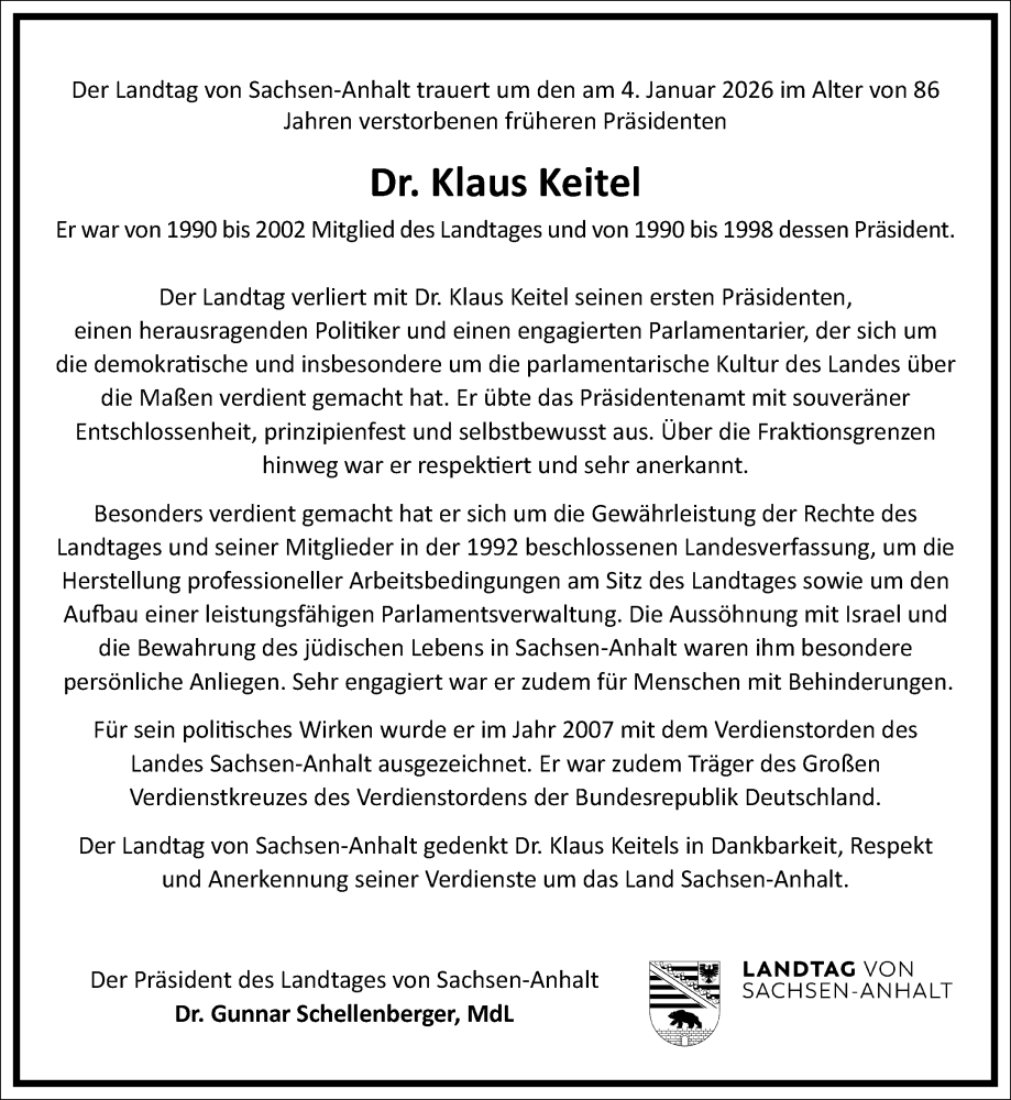  Traueranzeige für Klaus Keitel vom 17.01.2026 aus Frankfurter Allgemeine Zeitung
