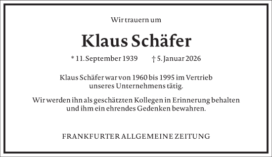 Traueranzeige von Klaus Schäfer von Frankfurter Allgemeine Zeitung