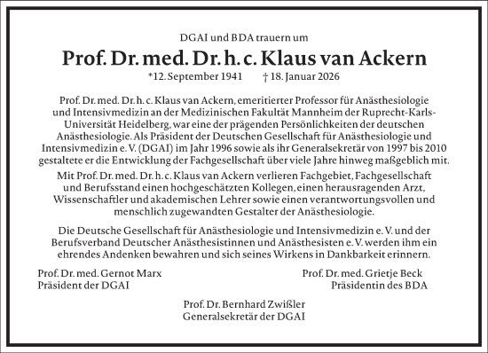 Traueranzeige von Klaus van Ackern von Frankfurter Allgemeine Zeitung