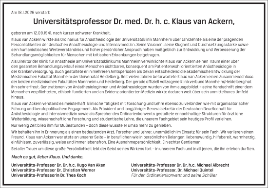 Traueranzeige von Klaus van Ackern von Frankfurter Allgemeine Zeitung