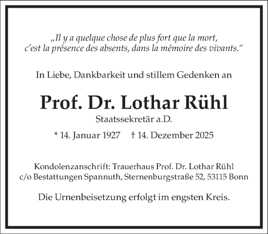 Traueranzeige von Lothar Rühl von Frankfurter Allgemeine Zeitung