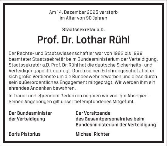 Traueranzeige von Lothar Rühl von Frankfurter Allgemeine Zeitung