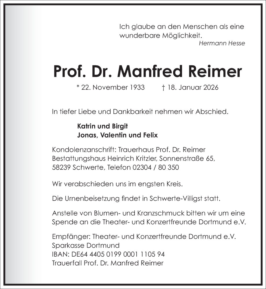 Traueranzeige für Manfred Reimer vom 24.01.2026 aus Frankfurter Allgemeine Zeitung