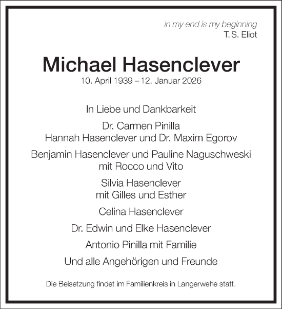 Traueranzeige von Michael Hasenclever von Frankfurter Allgemeine Zeitung