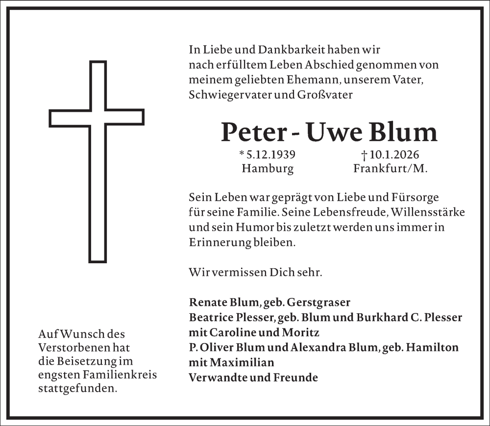  Traueranzeige für Peter-Uwe Blum vom 20.01.2026 aus Frankfurter Allgemeine Zeitung