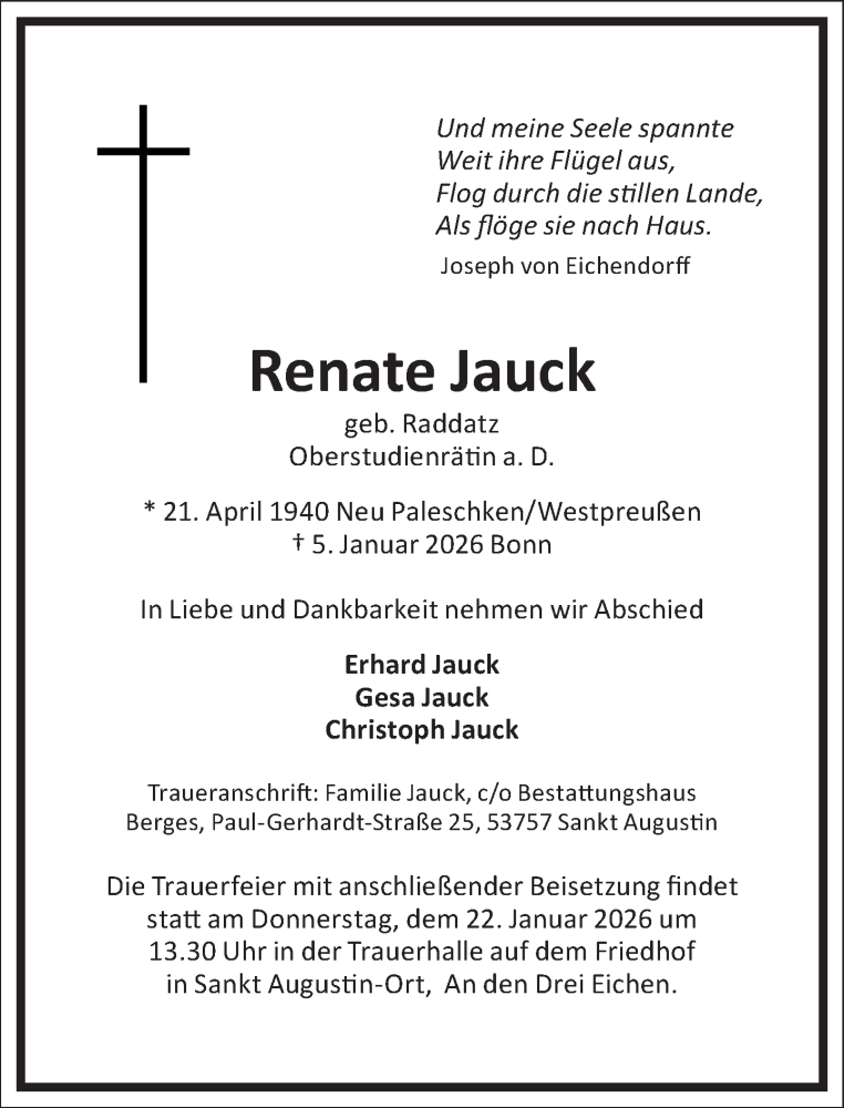  Traueranzeige für Renate Jauck vom 17.01.2026 aus Frankfurter Allgemeine Zeitung