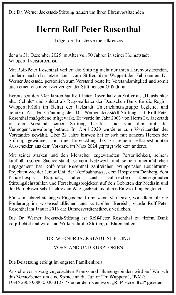  Traueranzeige für Rolf-Peter Rosenthal vom 10.01.2026 aus Frankfurter Allgemeine Zeitung