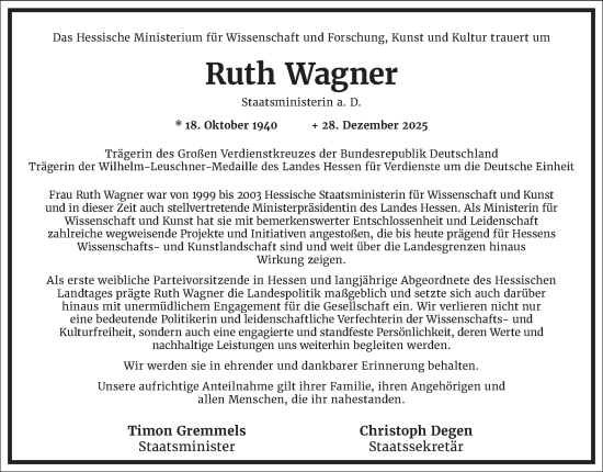 Traueranzeige von Ruth Wagner von Frankfurter Allgemeine Zeitung
