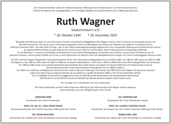 Traueranzeige von Ruth Wagner von Frankfurter Allgemeine Zeitung