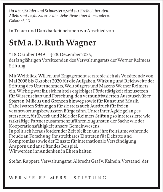 Traueranzeige von Ruth Wagner von Frankfurter Allgemeine Zeitung