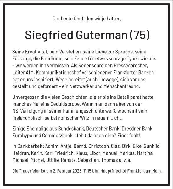 Traueranzeige von Siegfried Guterman von Frankfurter Allgemeine Zeitung