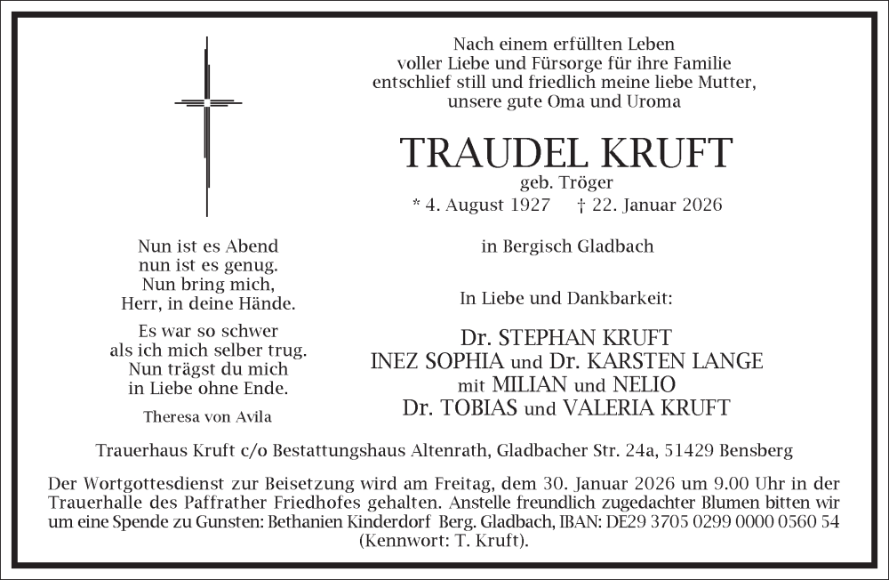  Traueranzeige für Traudel Kruft vom 28.01.2026 aus Frankfurter Allgemeine Zeitung
