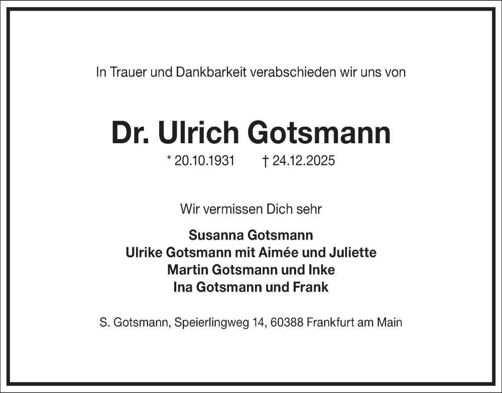  Traueranzeige für Ulrich Gotsmann vom 10.01.2026 aus Frankfurter Allgemeine Zeitung