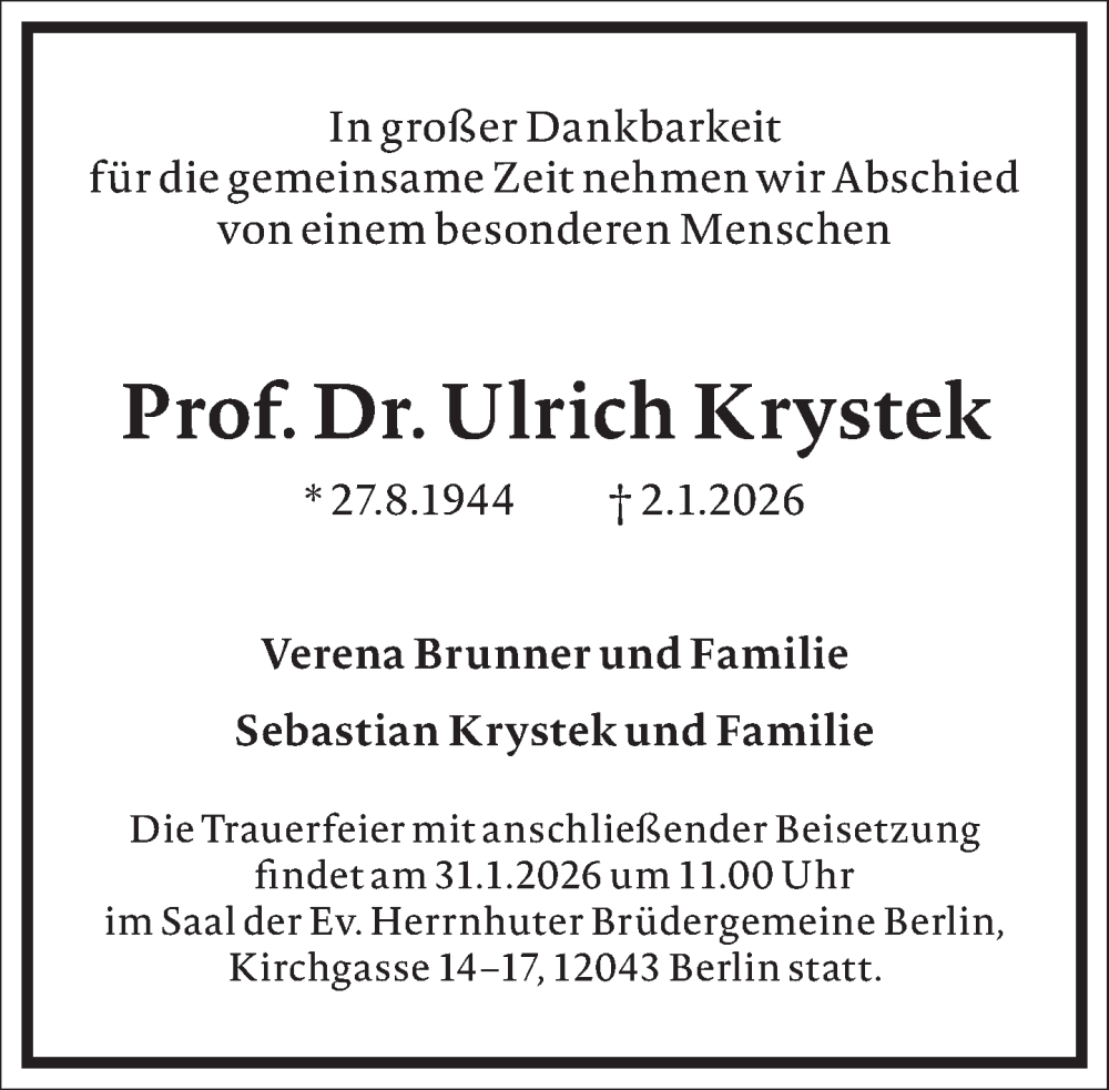  Traueranzeige für Ulrich Krystek vom 24.01.2026 aus Frankfurter Allgemeine Zeitung