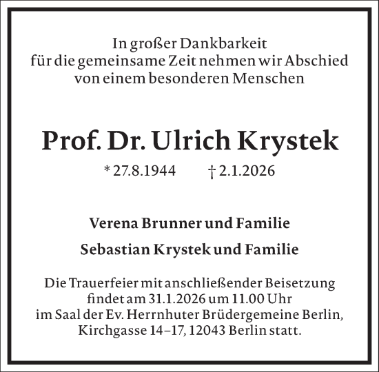 Traueranzeige von Ulrich Krystek von Frankfurter Allgemeine Zeitung