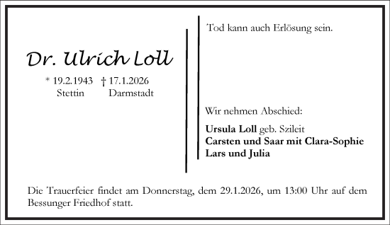Traueranzeige von Ulrich Loll von Frankfurter Allgemeine Zeitung