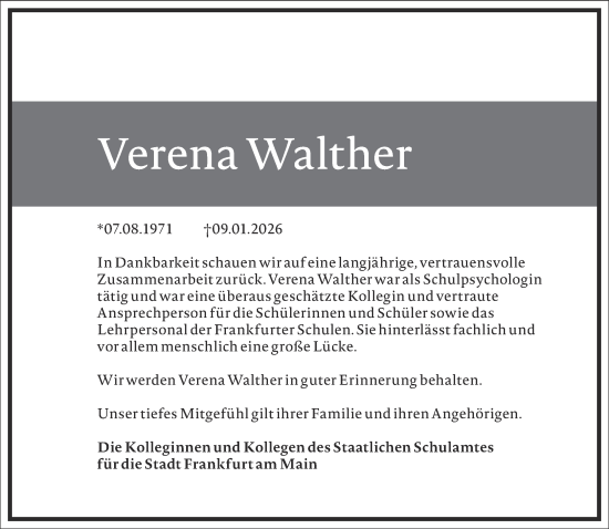 Traueranzeige von Verena Walther von Frankfurter Allgemeine Zeitung