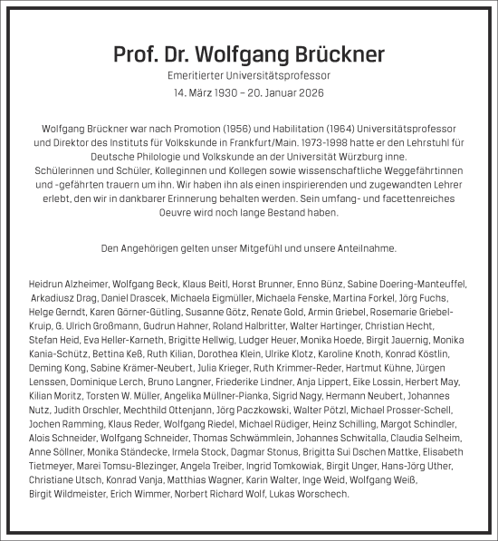 Traueranzeige von Wolfgang Brückner von Frankfurter Allgemeine Zeitung